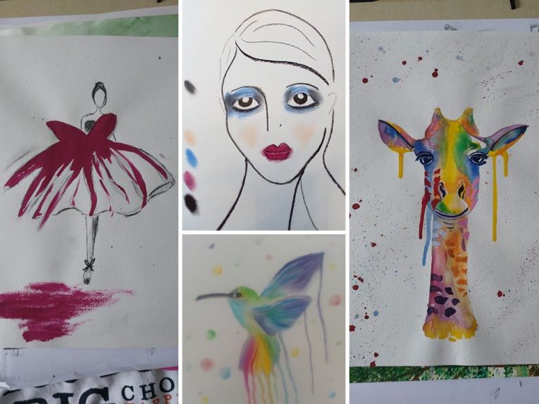 Vier bunte Aquarelle zeigen eine Ballerina, ein Fraugesicht, einen Kolibri und eine Giraffe
