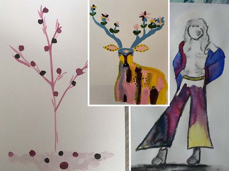 A stilisierte Person ohne Gesichtsausdruck steht in bunter Kleidung neben Aquarellbildern von einem farbenfrohen Hirsch mit blauen Geweihen und einem rosa Busch mit dunklen Beeren