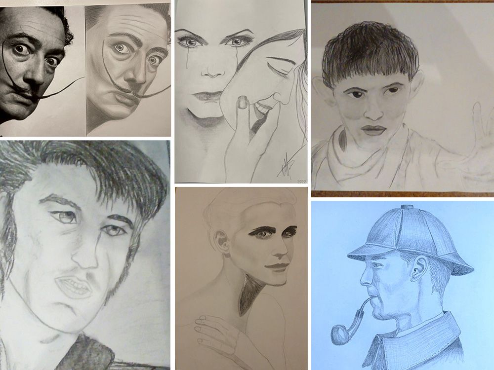 Eine Person mit Pfeife und Hut zeigt seitliches Profil in blauer Kleidung