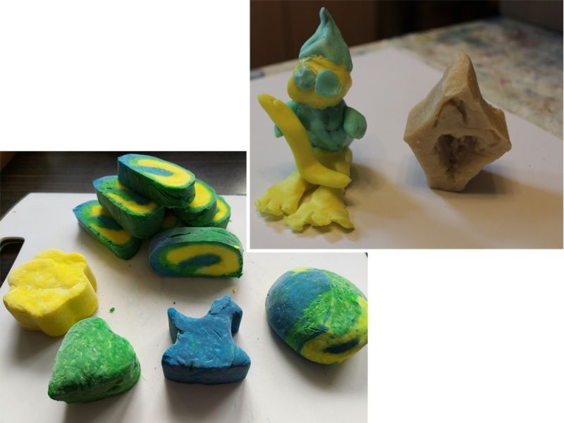 Geformte bunte Knetfiguren und Brote mit auffälligen Farbmustern und Formen