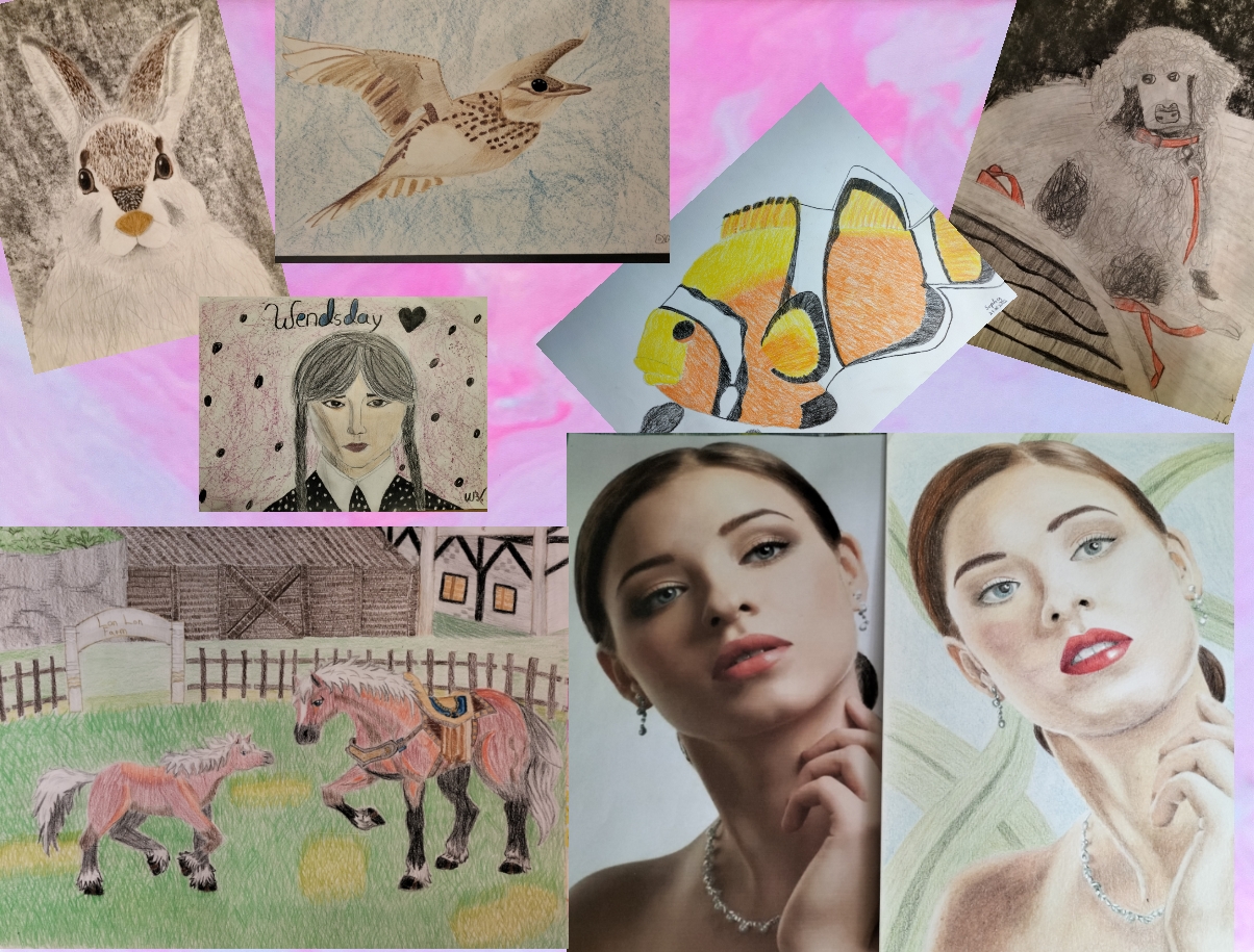 Collage mit Zeichnungen von Hase, Vogel, Fisch und Pferden, bunt und detailreich